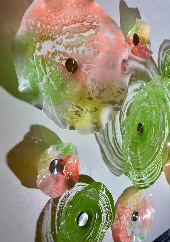 Up cycled polymer Wall Flower Set: green, pink, yellow & white Boho Decor-handmade resembling glass