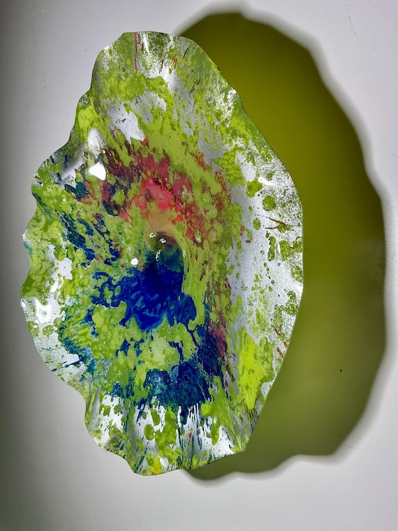 Artisan 12” Wall Flower in Vibrant Green, Blue, Silver & Pink - Handmade Decor from Recycled Plastic -looks like glass