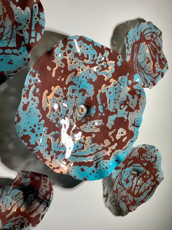 Large wall flower mural Sea foam blue/brown/copper 5 up cycled plastic looks like glass/indoor outdoor/boho home wall decor plate/garden art