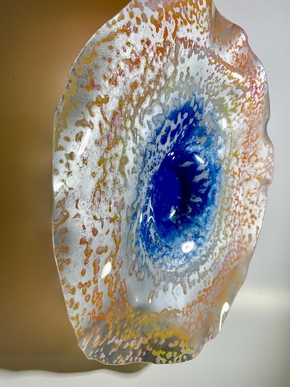 Original Recycled plastic Small Wall flower handmade 9” blue/silver/orange environmentally conscious home decor/looks like glass