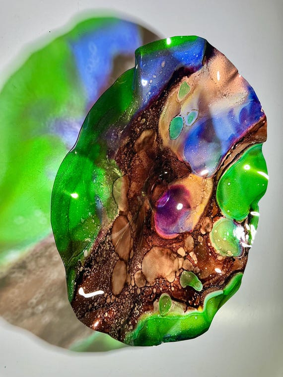 Translucent wall decor - brown, copper, green handmade up cycled plastic, glass like look floral art 15”