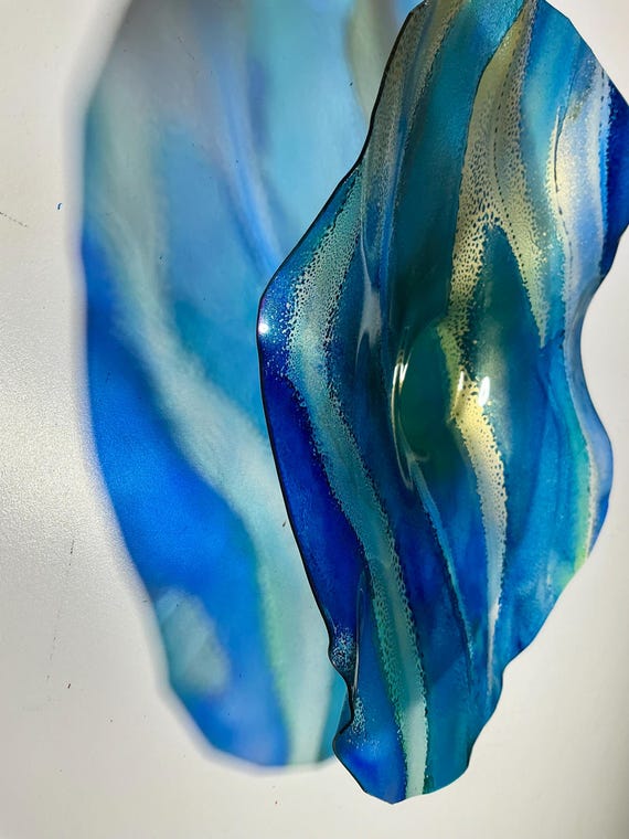 Beautiful Handcrafted 9” Wall Flower - teal, blue & Gold Eco-Friendly Art-upcycled plastic- glass like look