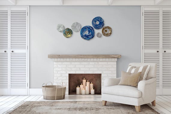 Coastal wall decor 7 blue, gold & white handmade beach house decor plate art/eco-friendly plastic looks like glass