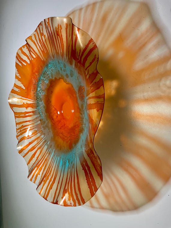 Up cycled polymer Wall Flower Sculpture: Orange, Aqua Blue, Glass-Like Finish – Beach Home Decor