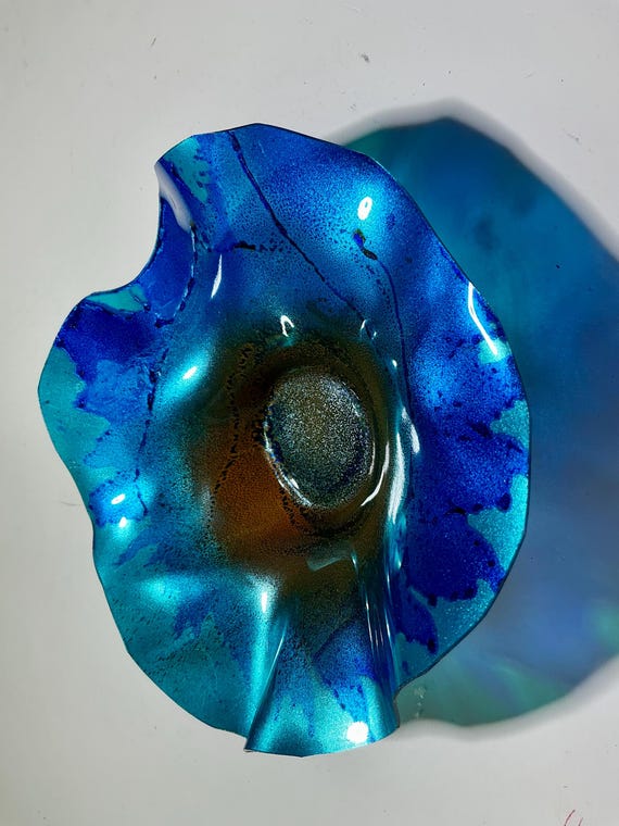 5 Inch Wall Hanging: Handmade sustainable plastic blue & burnt orange with Glass Effect