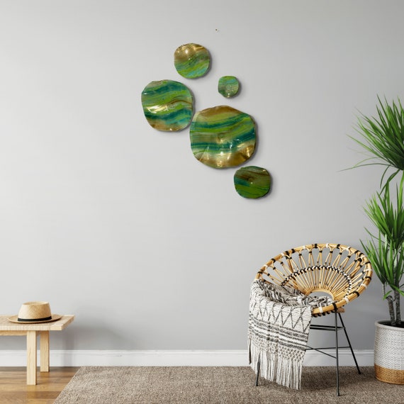 Wall flower sculpture 5 green/copper/blue/aqua up cycled plastic indoor/outdoor decor/looks like glass/home wall mural art /ceiling hanging