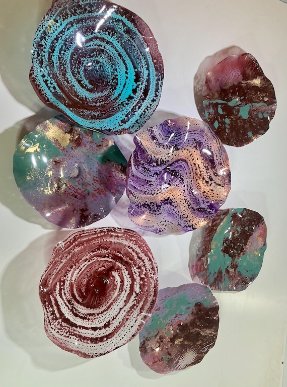 Modern Wall Art Set of 7 -handmade recycled plastic. Glass-Look Burgundy, Purple, Sage Green & Gold Flower Decor