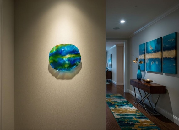 Wall flower home decor Art blue, green & yellow - handmade from Recycled Polymer - 9” glass like look