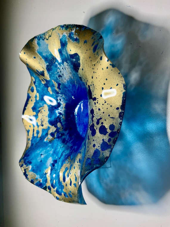 Blue/gold/silver Handmade original round Wall flower hanging home decor recycled plastic extra small 5” looks like glass/unique wall art