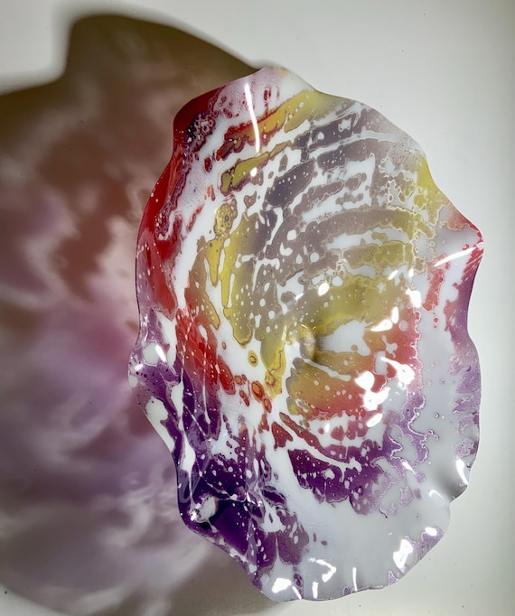 Handmade round wall sculpture recycled plastic 15” purple/red/yellow/white looks like glass/boho home decor/cool wall art