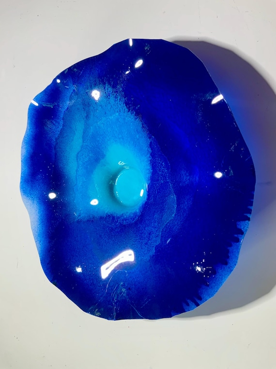 Beach home decor art Small wall flower plate aquarium/blue 9” handmade eco friendly plastic/nautical outdoor wall art/looks like glass