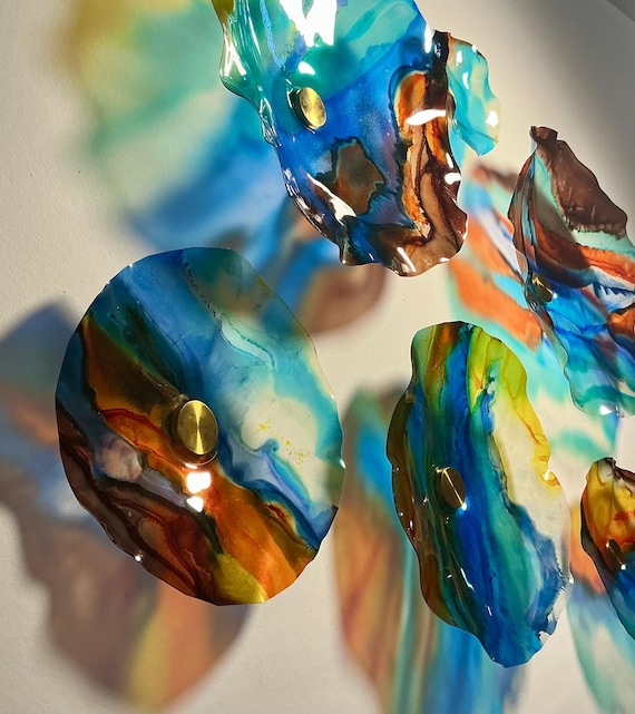 Vibrant & colorful Handmade Wall Flowers blue, orange, brown, yellow by Ocean Arts - Upcycled Polymer Glass-Look Decor