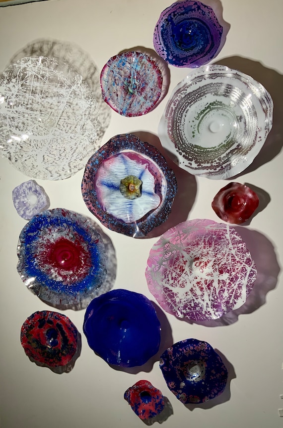 Handmade one of a kind wall decor set 13 white/blues/coral/gray/purples/silver/greens up-cycled plastic/original home decor/looks like glass