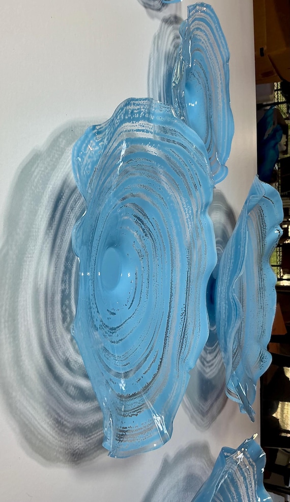 Wall sculpture light blue/ocean blue flowers art up cycled polymer looks like glass- handmade powder blue , you pick size and quantity.