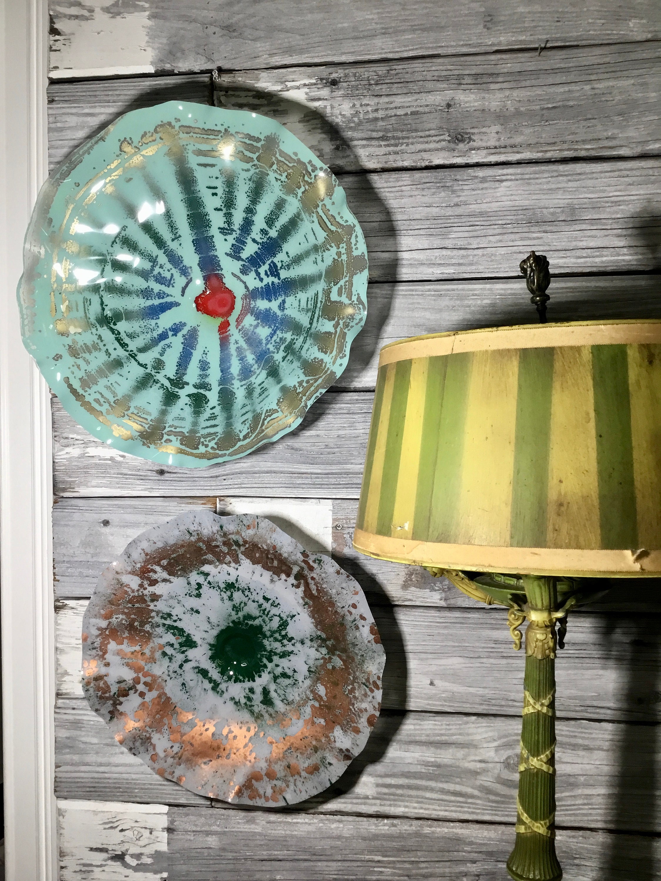 Wall Flower sculpture mural 15” gray/copper/green handmade ecofriendly