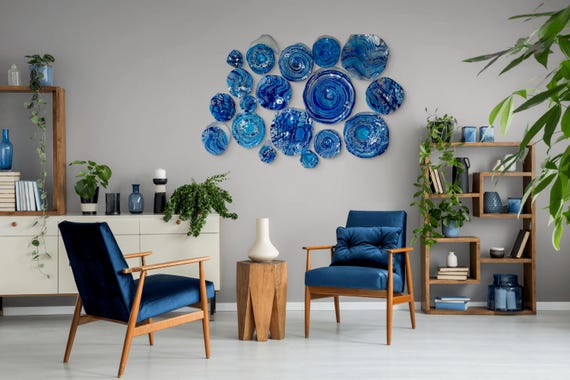 Beach home decor Sea Blue/aqua/silver wall flower 19 handmade original/eco-friendly plastic looks like glass- wall art