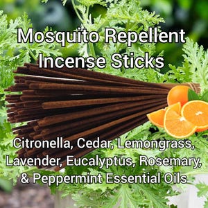 May include: A bundle of brown incense sticks with orange slices, surrounded by green foliage. Text reads "Mosquito Repellent Incense Sticks" and lists essential oils: Citronella, Cedar, Lemongrass, Lavender, Eucalyptus, Rosemary, & Peppermint.