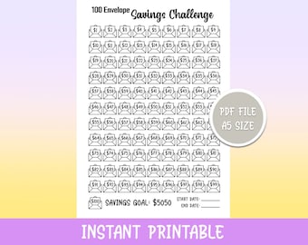 100 Envelope Challenge Printable, Instant Download Printable, Journal Month Tracker, 5050 Savings Challenge, Goals, Budget Tracker, Finance