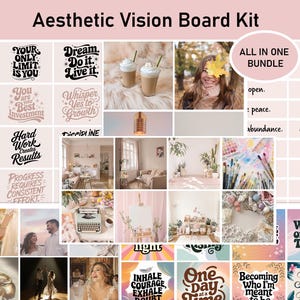 May include: A vision board kit with a collage of images and text. The images include a woman holding a leaf, a typewriter, a cup of coffee, and a room with a couch. The text includes phrases like "Dream. Do it. Live it." and "Be the person you admire."