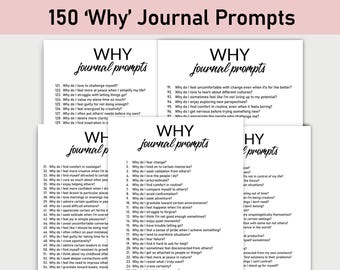 May include: Four black and white printable pages with the text "WHY journal prompts" at the top of each page. Each page contains a list of "Why" questions for journaling.