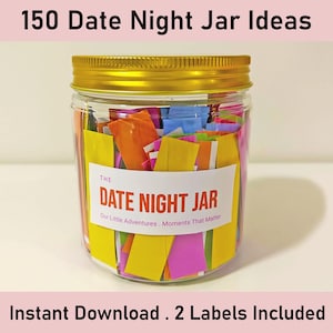 150 Date Night Jar, Date Night Ideas Printable, Couple, Relationship, DIY Gift, Valentine&#39;s Day, Marriage, Love Jar, Anniversary Gift