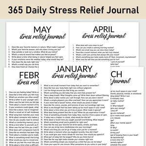 May include: A printable journal with prompts for stress relief, organised by month. The journal includes prompts for each month, such as "What is one small moment from today that you want to remember?" and "Describe how your body feels right now without judgment."