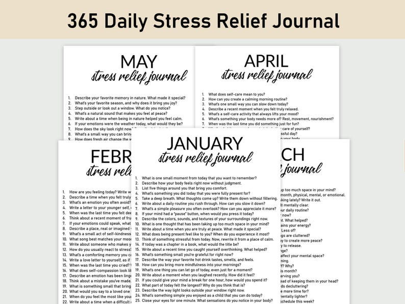 May include: A printable journal with prompts for stress relief, organised by month. The journal includes prompts for each month, such as "What is one small moment from today that you want to remember?" and "Describe how your body feels right now without judgment."