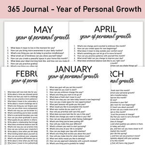 May include: A printable journal prompt for each month of the year, with the title "365 Journal - Year of Personal Growth". The journal prompts focus on personal growth and self-reflection.