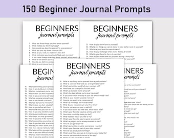 May include: A printable worksheet with 150 journal prompts for beginners. The prompts are organized into three sections: "What are three things you love about yourself?", "How do you show love to yourself?", and "What is one thing you've learned from a past mistake?"