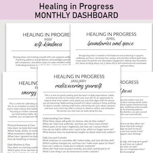 May include: A set of printable monthly dashboard pages with the title "Healing in Progress." Each page features a different theme, including self-kindness, boundaries, energy, and focus, with prompts for reflection.