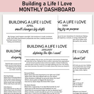 May include: A stack of white paper sheets with the text "Building a Life I Love MONTHLY DASHBOARD" at the top. Each sheet has a different title, such as "April" and "January", with related text. The overall theme is self-improvement.