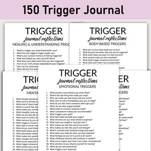 May include: A collection of white paper pages, each with the title "150 Trigger Journal" at the top. The pages contain lists of questions under the heading "Trigger Journal Reflections", with subheadings such as "Body-Based Triggers".