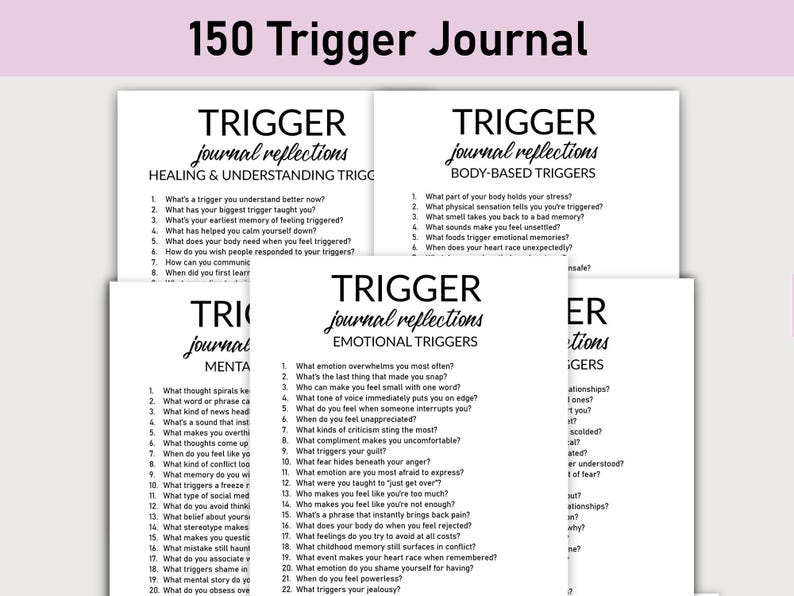 May include: A stack of white paper pages with the title "150 Trigger Journal" at the top. Each page has a list of questions under the heading "Trigger Journal Reflections" with different subheadings like "Healing & Understanding Triggers".