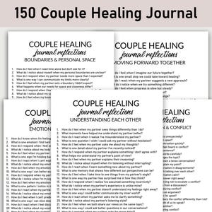 May include: A stack of white paper journals with the title "150 Couple Healing Journal" at the top. Each journal has a different title, such as "Boundaries & Personal Space" and "Understanding Each Other."
