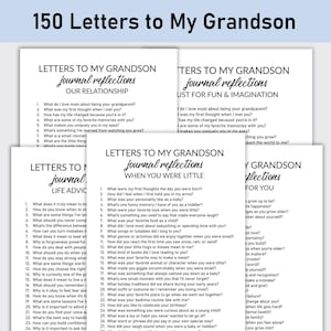 以下が含まれることがあります： 「150通の手紙、孫へ」と題された、黒い文字が書かれた白い紙の束。ページは、人間関係、楽しみ、人生のアドバイスなど、日記のエントリーのための質問があるセクションに分かれています。