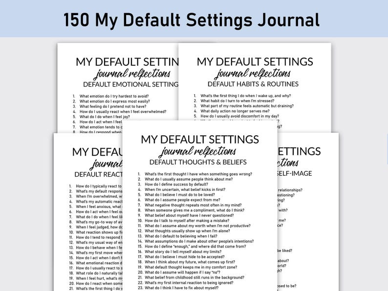 May include: A pile of white journal pages titled "150 My Default Settings Journal". Each page contains reflective questions under headings such as "Default Emotional Setting" and "Default Thoughts & Beliefs". The text is in black font.