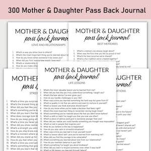 以下が含まれることがあります： 愛情と人間関係、最高の思い出、人生の教訓についてのプロンプトが書かれた、印刷可能な母娘用パスバックジャーナルのセット。ジャーナルは白黒でシンプルなデザインです。