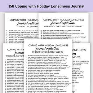 May include: A stack of white paper journals with the title "150 Coping with Holiday Loneliness Journal" in a purple banner. Each journal page contains questions about holiday feelings and reflections. The journals are designed for self-reflection and emotional well-being.