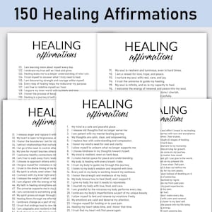 May include: Four pages of black and white text with the title "150 Healing Affirmations". Each page contains a list of affirmations for healing the mind, body, and spirit.