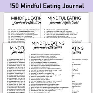 Puede incluir: Un diario imprimible con 150 indicaciones para ayudarte a practicar la alimentación consciente. Las páginas del diario son en blanco y negro con un diseño sencillo. El texto en las páginas está en negro.
