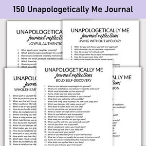 Può includere: Una pila di diari bianchi con il testo "150 Unapologetically Me Journal" in alto. Ogni diario ha un titolo diverso, tra cui "Joyful Authentic" e "Bold Self-Discovery", con domande di riflessione.