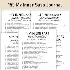 Op de afbeelding: Een verzameling journaalpagina's getiteld "My Inner Sass Journal". Elke pagina bevat vragen voor zelfreflectie, met titels als "Chaos, Comedy & Comeback" en "Wild Dreams & Big Energy". De pagina's zijn wit met zwarte tekst.