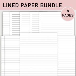 May include: A set of eight lined paper pages, perfect for note-taking, journaling, or sketching. The pages are white with black lines.