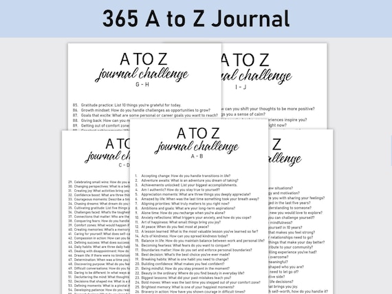 365 A to Z Journal,  Journal Printable, Journal Challenge, Gratitude, Reflections, Personal Growth, Past, Future, Goals, Dreams, Self Care