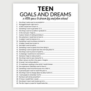 May include: A white printable worksheet titled TEEN GOALS AND DREAMS, a little space to dream big and plan ahead. It features a numbered list from 1 to 30 with blank lines for writing responses to prompts about personal aspirations and future goals.
