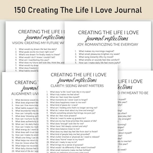 May include: A collection of white journal pages with prompts for self-reflection. The pages are titled "Creating The Life I Love Journal" and cover topics like vision, joy, clarity, and alignment. The journal is designed to help users explore their dreams and values.