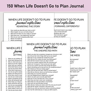May include: A stack of white paper journals with prompts for self-reflection. The journals have titles like "When Life Doesn't Go to Plan" and "Journal Reflections." The pages are filled with questions designed to encourage introspection and personal growth.