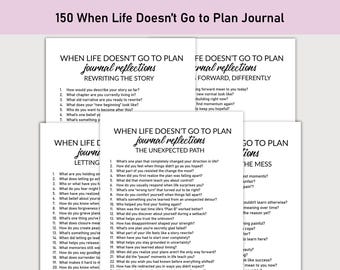 May include: A stack of white paper journals with prompts for self-reflection. The journals have titles like "When Life Doesn't Go to Plan" and "Journal Reflections." The pages are filled with questions designed to encourage introspection and personal growth.