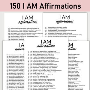 Op de afbeelding: Vier afdrukbare pagina's met zwarte tekst op een witte achtergrond. Elke pagina heeft de titel "I AM affirmations" en bevat een reeks positieve affirmaties.