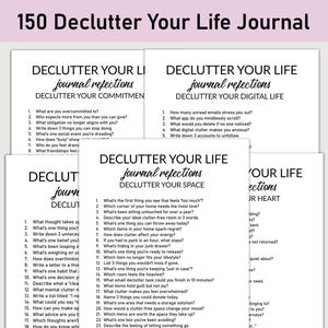 Peut inclure: Une feuille de questions de journal imprimable avec le titre "Declutter Your Life Journal". La feuille est divisée en quatre sections : Declutter Your Commitments, Declutter Your Digital Life, Declutter Your Space et Declutter Your Heart. Chaque section contient une liste de questions pour vous aider à désencombrer différents aspects de votre vie.